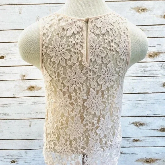 LUSH Women Sleeveless Pullover Scoop Neck Pink Lace See Through Top Size Small - Picture 7 of 13